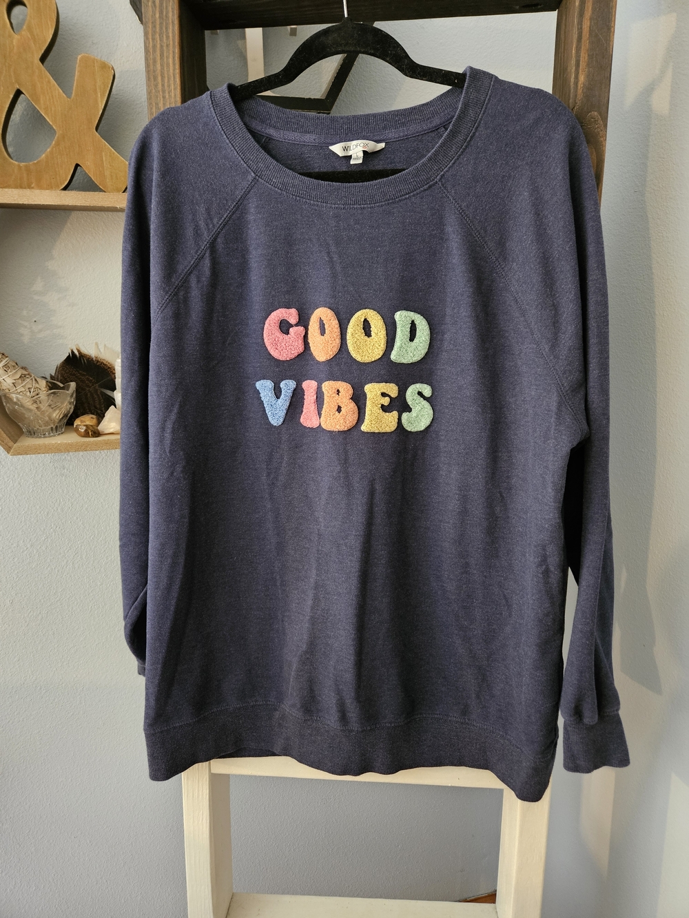 Wildfox Navy Crewneck Sweatshirt with Rainbow Patch Chenille 'GOOD VIBES' Size L